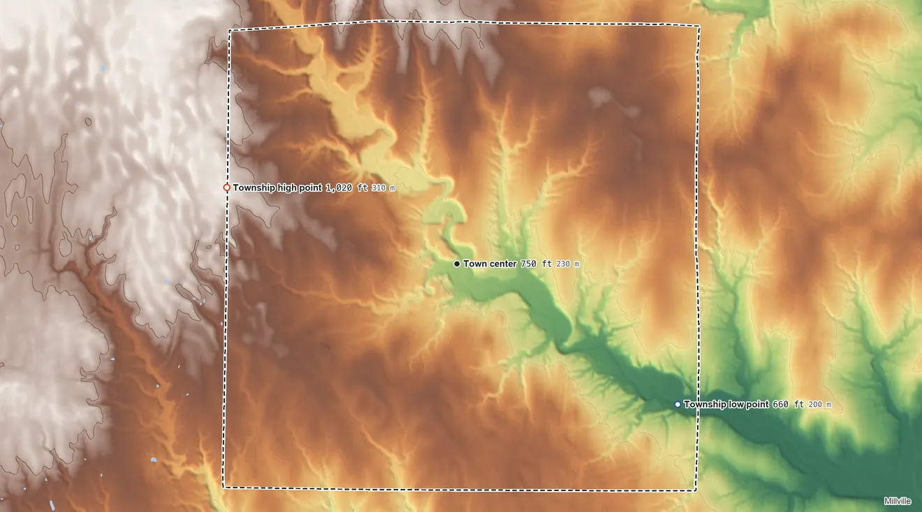 Topographic elevation map of Reily Township, Ohio, shaded from 660 ft on the southeast side to 1,020 ft on the west side