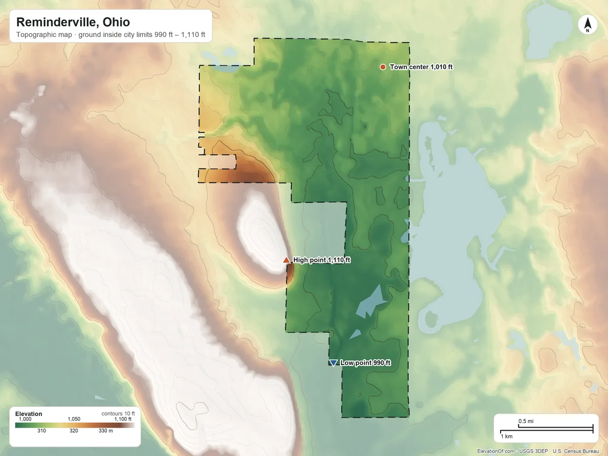 Topographic elevation map of Reminderville, Ohio, shaded from 990 ft on the south side to 1,110 ft on the southwest side
