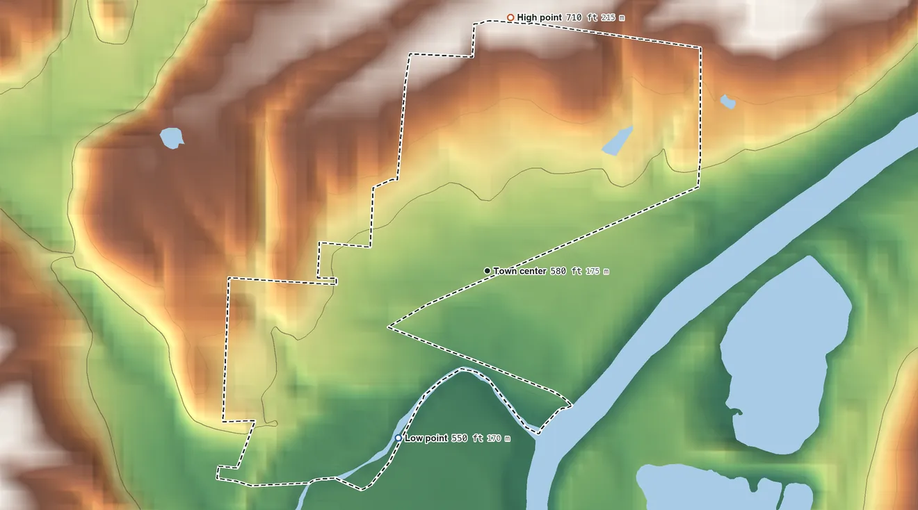 Topographic elevation map of Remington, Ohio, shaded from 550 ft on the southwest side to 710 ft on the north side