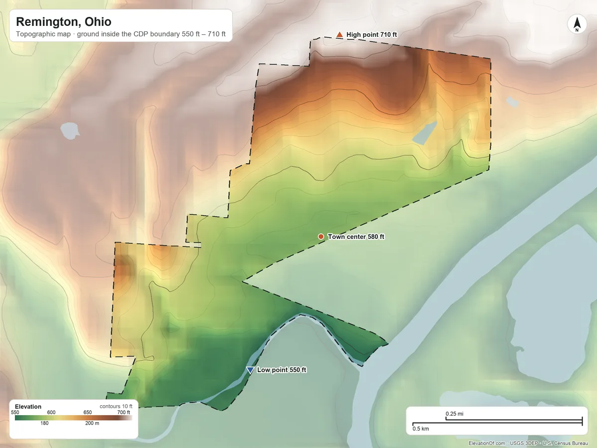Topographic elevation map of Remington, Ohio, shaded from 550 ft on the southwest side to 710 ft on the north side