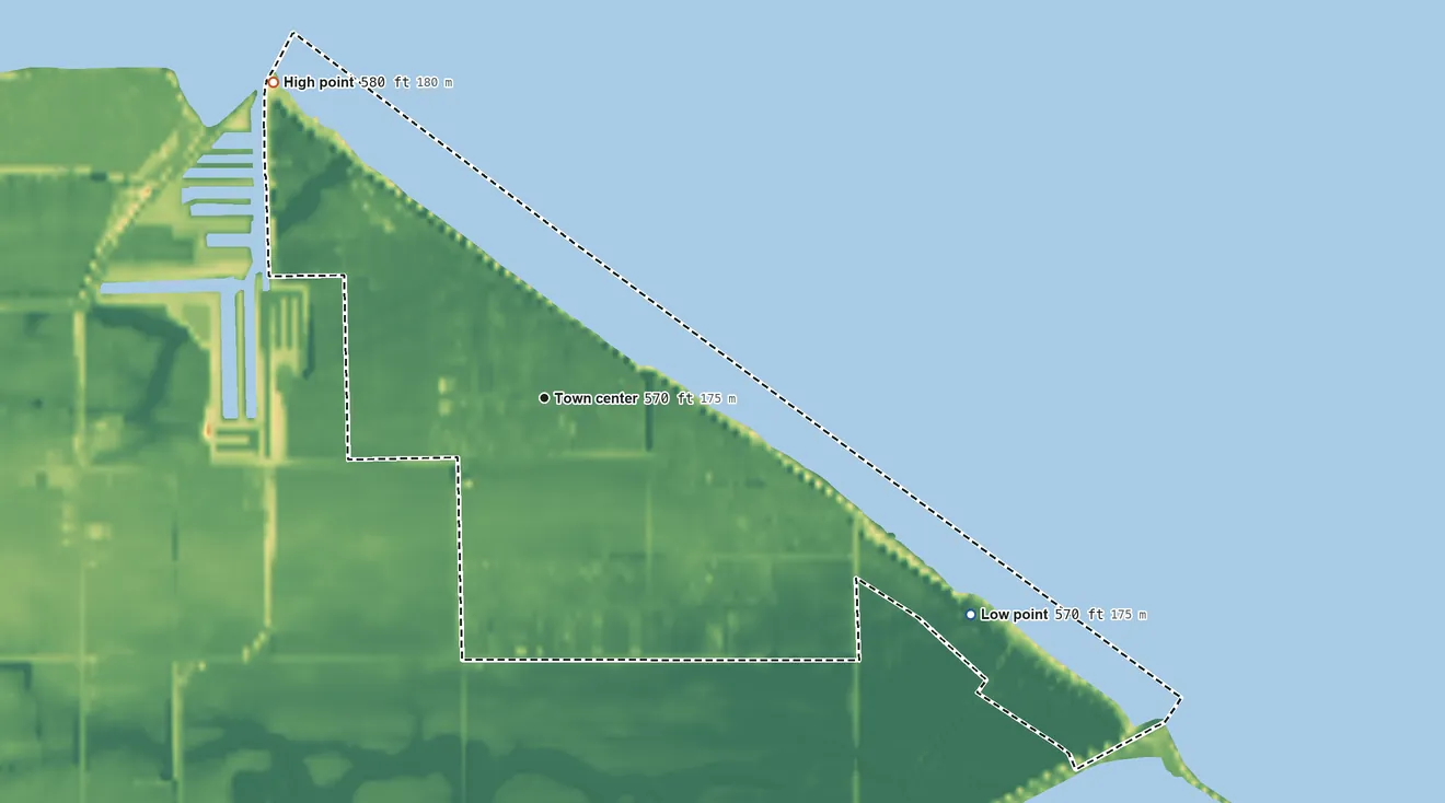 Topographic elevation map of Reno Beach, Ohio, shaded from 570 ft on the shore of Lake Erie to 580 ft on the northwest side