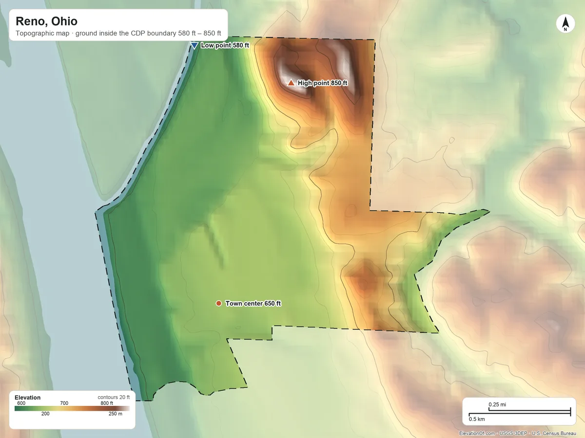 Topographic elevation map of Reno, Ohio, shaded from 580 ft on the north side to 850 ft on the north side