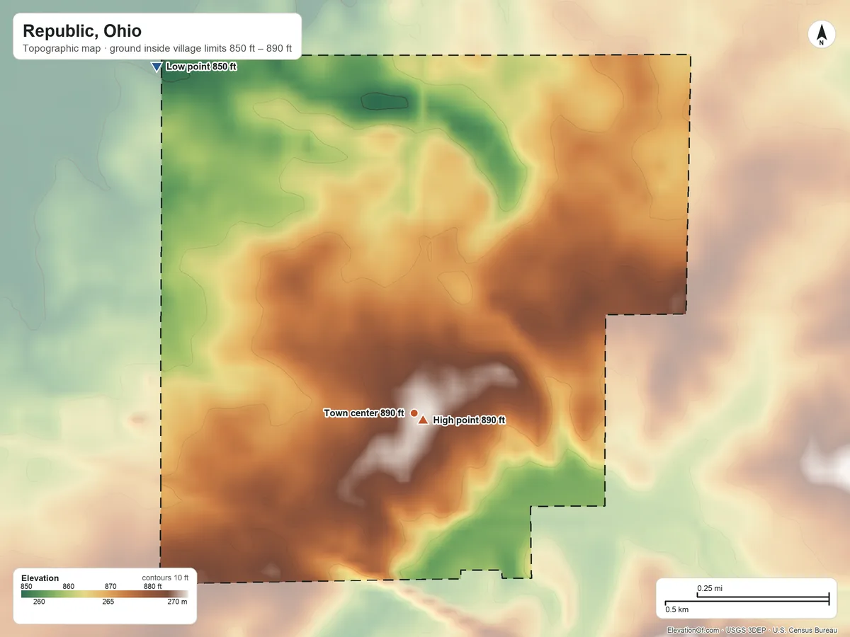 Topographic elevation map of Republic, Ohio, shaded from 850 ft on the northwest side to 890 ft near the middle