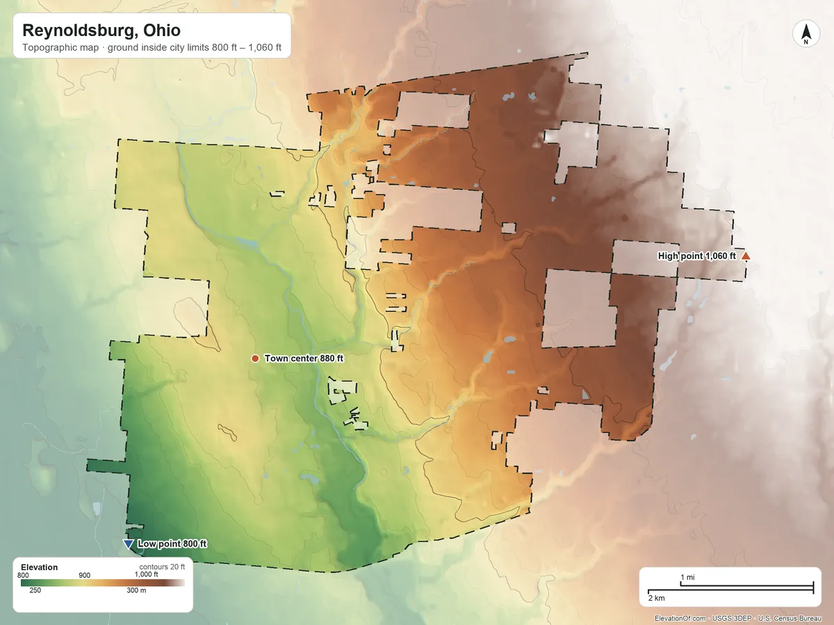 Topographic elevation map of Reynoldsburg, Ohio, shaded from 800 ft on the southwest side to 1,060 ft on the east side
