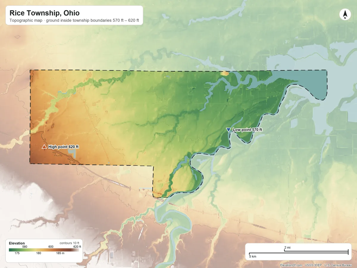 Topographic elevation map of Rice Township, Ohio, shaded from 570 ft on the east side to 620 ft on the west side