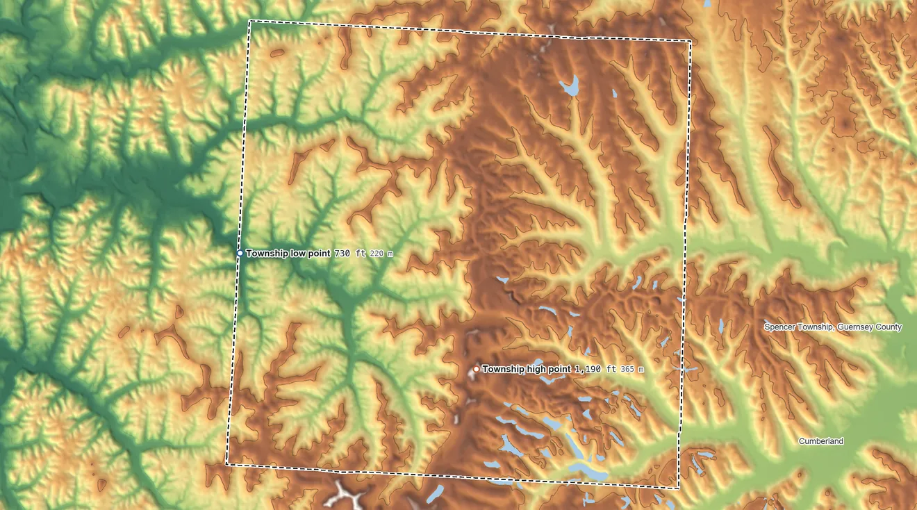 Topographic elevation map of Rich Hill Township, Ohio, shaded from 730 ft on the west side to 1,190 ft on the southeast side