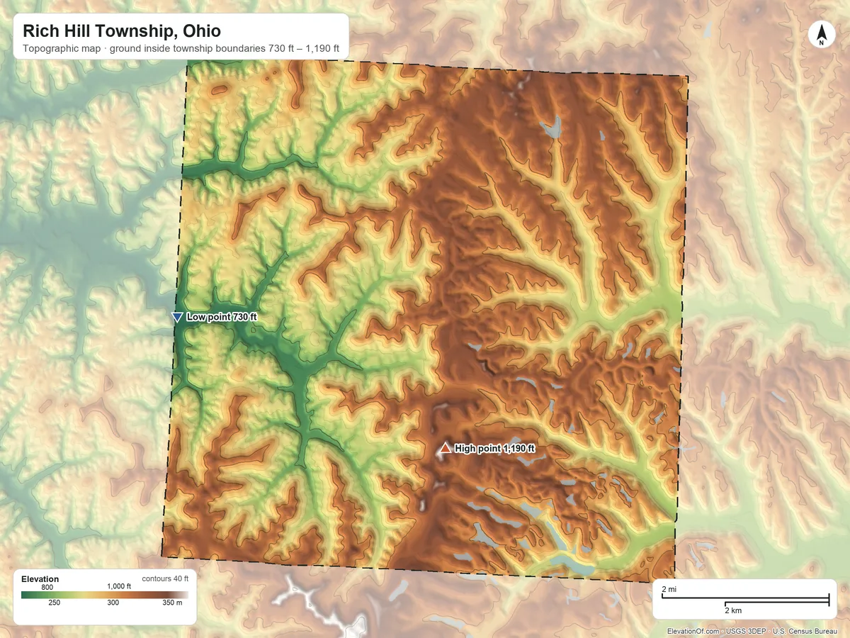 Topographic elevation map of Rich Hill Township, Ohio, shaded from 730 ft on the west side to 1,190 ft on the southeast side