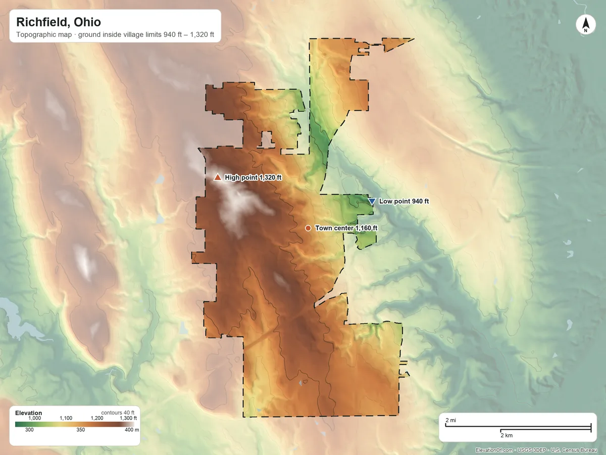 Topographic elevation map of Richfield, Ohio, shaded from 940 ft on the northeast side to 1,320 ft on the northwest side