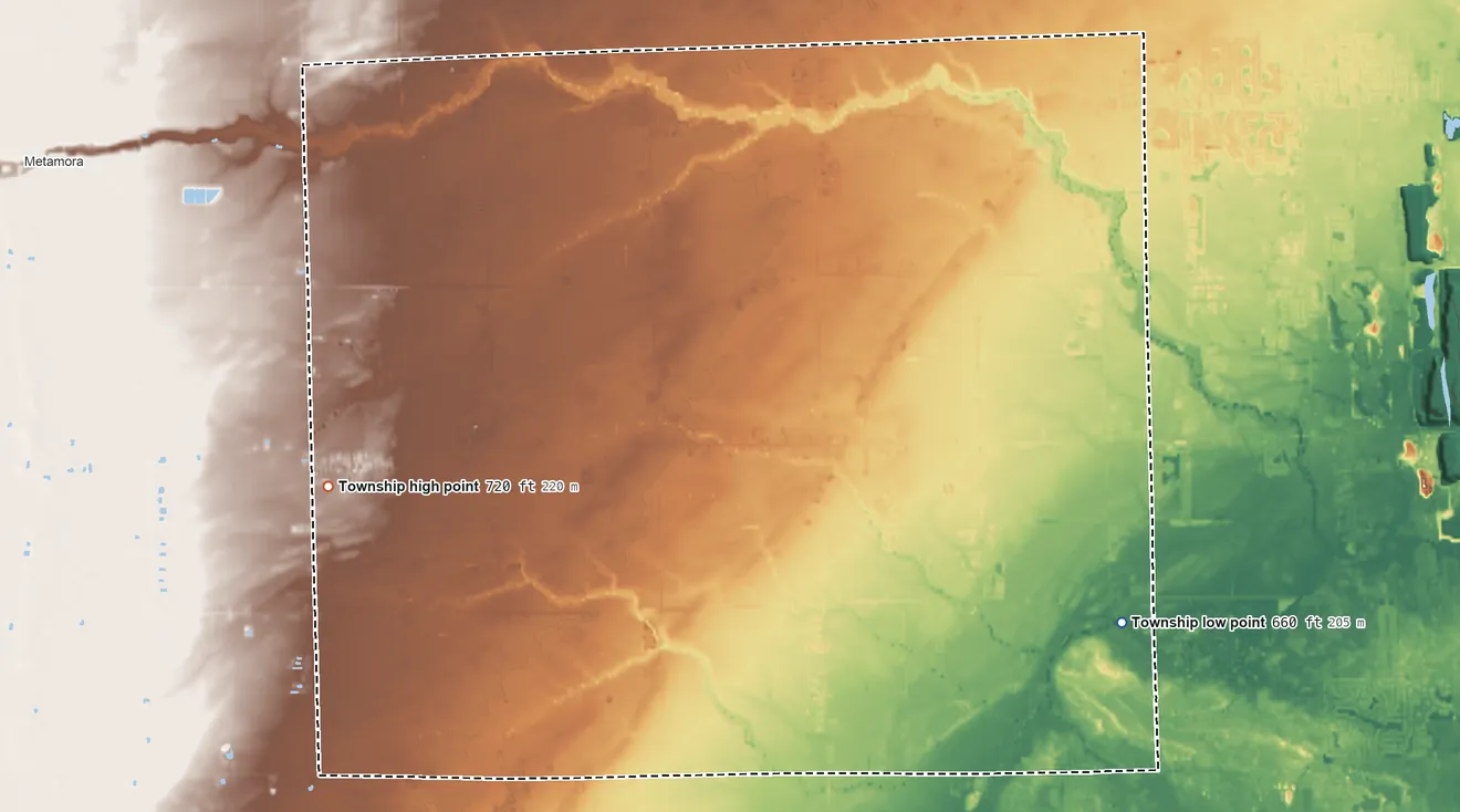 Topographic elevation map of Richfield Township, Lucas County, Ohio, shaded from 660 ft on the southeast side to 720 ft on the west side