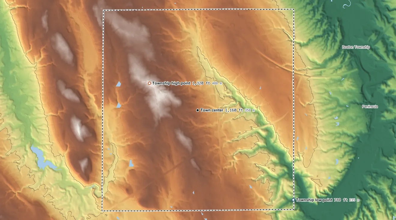 Topographic elevation map of Richfield Township, Ohio, shaded from 780 ft on the southeast side to 1,320 ft on the northwest side
