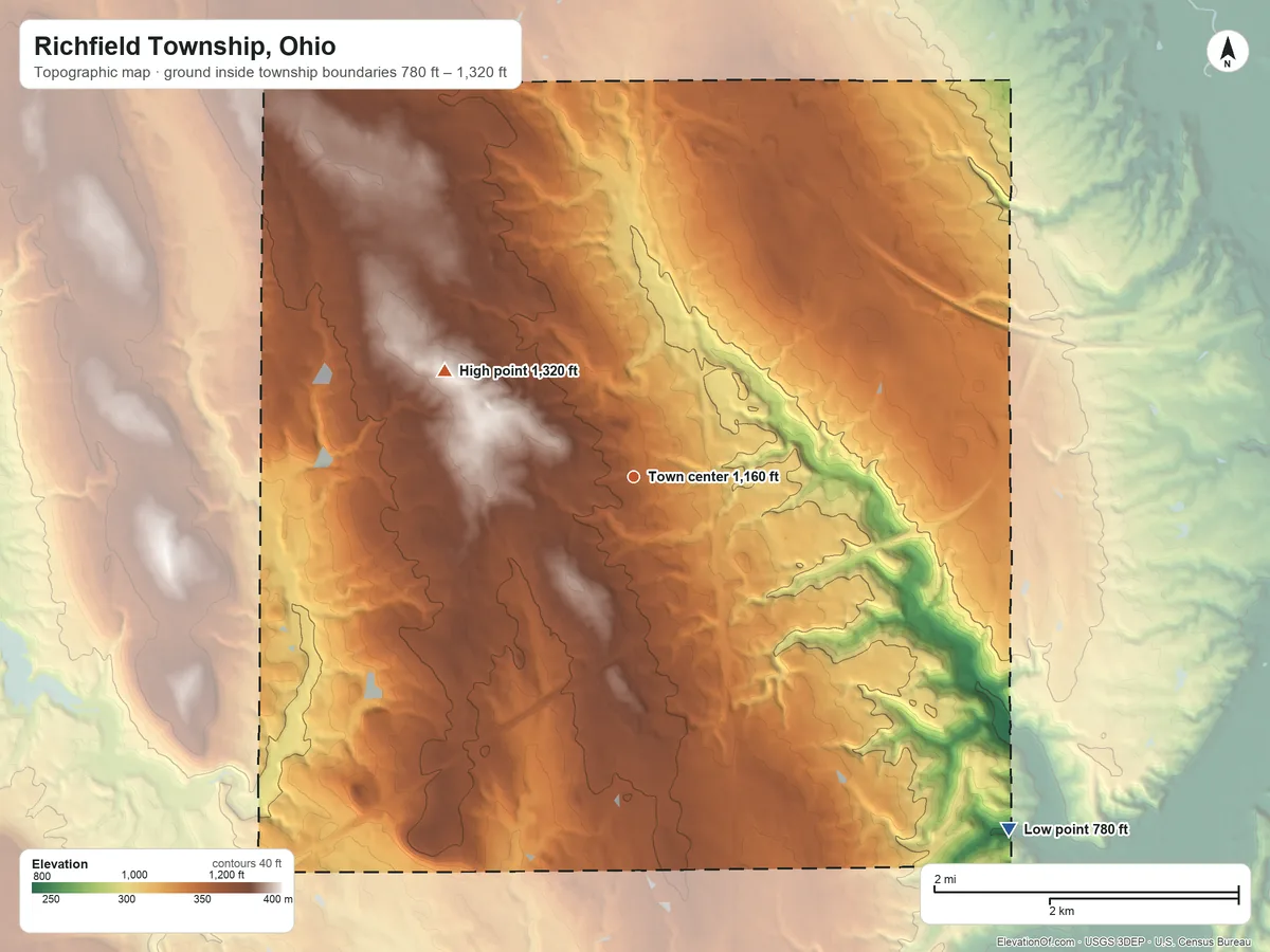 Topographic elevation map of Richfield Township, Ohio, shaded from 780 ft on the southeast side to 1,320 ft on the northwest side