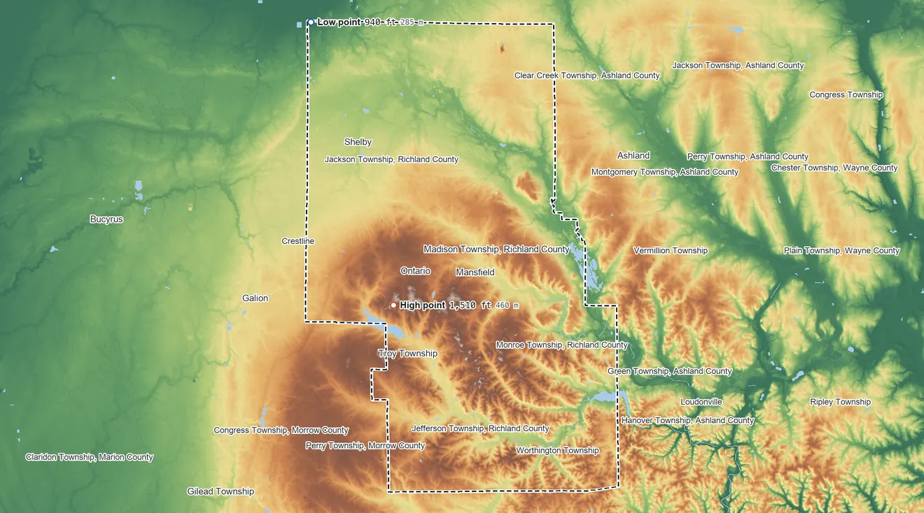 Topographic elevation map of Richland County, Ohio, shaded from 940 ft on the northwest side to 1,510 ft on the southwest side