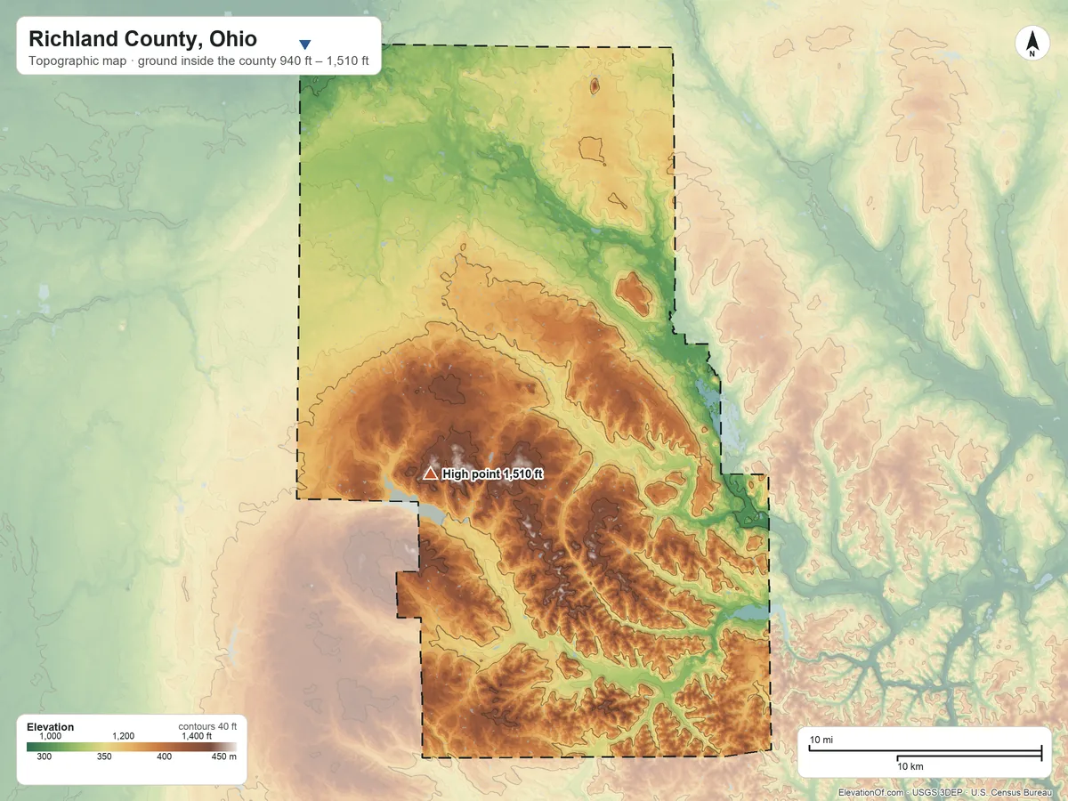 Topographic elevation map of Richland County, Ohio, shaded from 940 ft on the northwest side to 1,510 ft on the southwest side