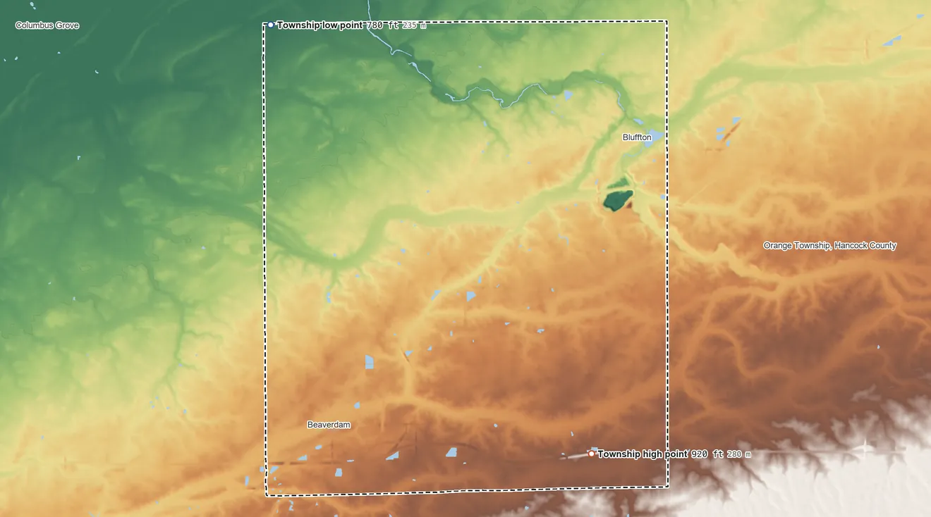Topographic elevation map of Richland Township, Allen County, Ohio, shaded from 780 ft on the northwest side to 920 ft on the south side