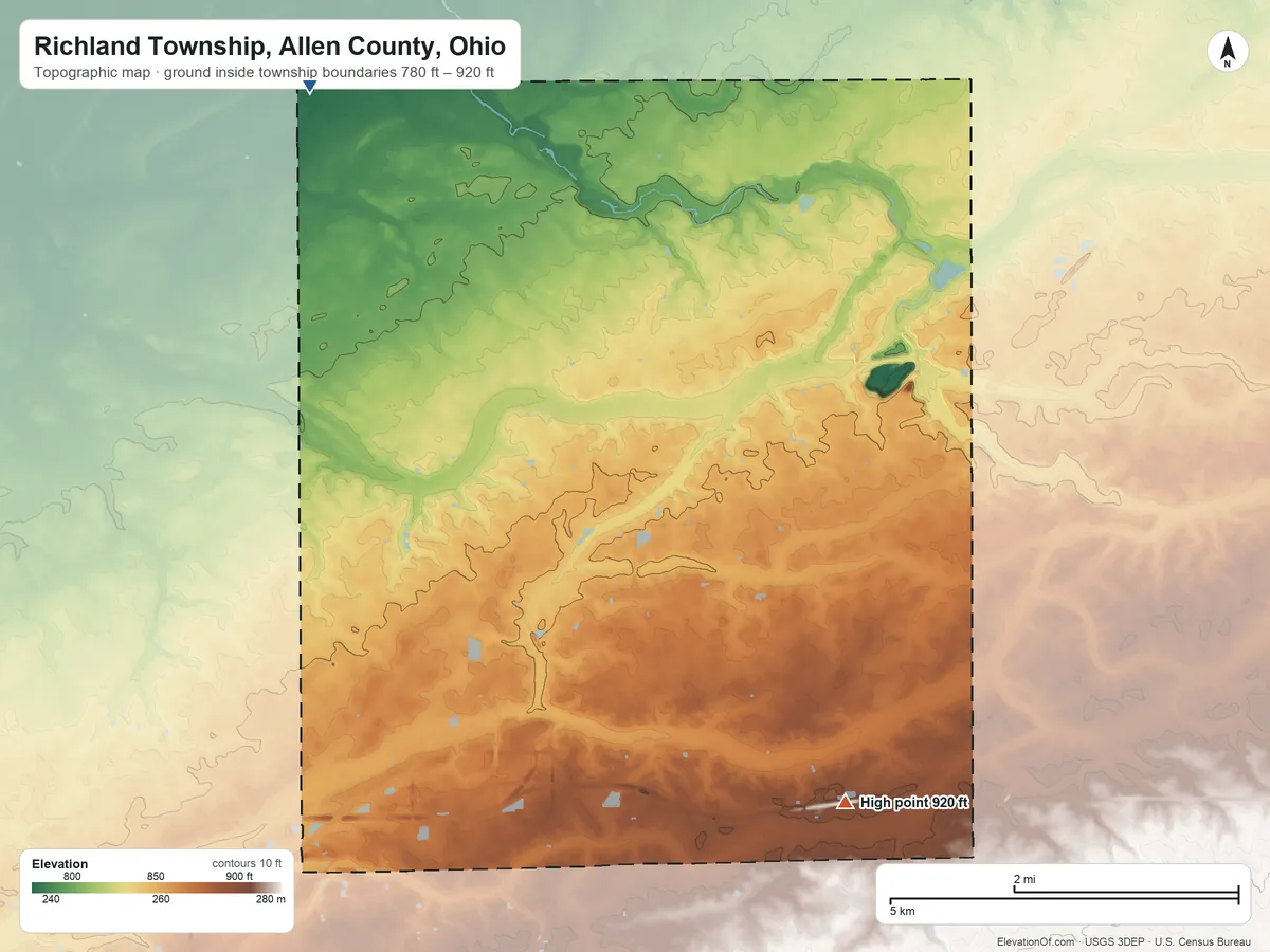 Topographic elevation map of Richland Township, Allen County, Ohio, shaded from 780 ft on the northwest side to 920 ft on the south side