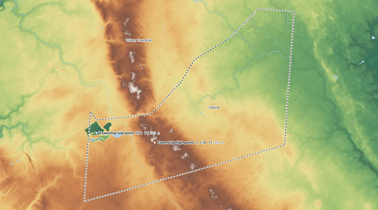 Topographic elevation map of Richland Township, Clinton County, Ohio, shaded from 990 ft on the west side to 1,130 ft on the southwest side