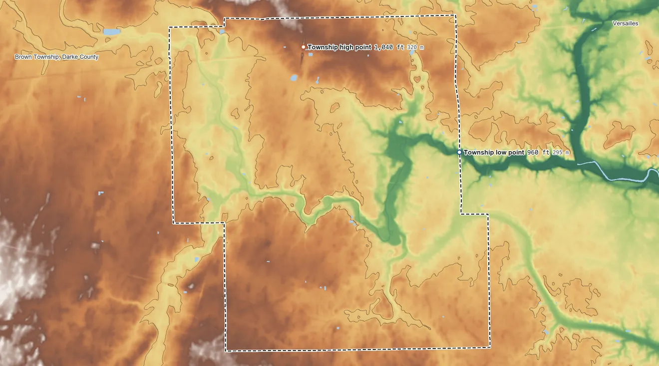 Topographic elevation map of Richland Township, Darke County, Ohio, shaded from 960 ft on the east side to 1,040 ft on the north side