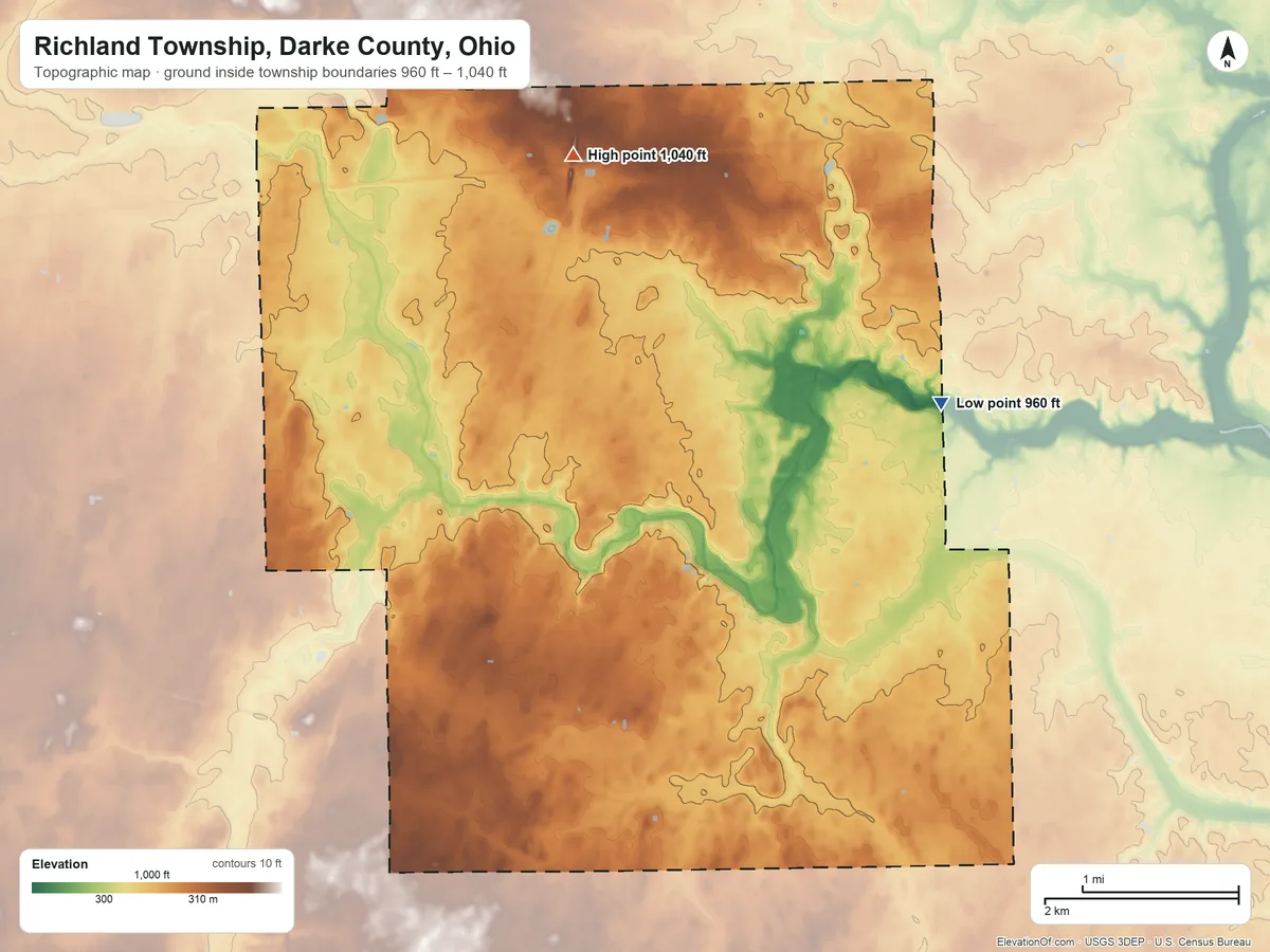 Topographic elevation map of Richland Township, Darke County, Ohio, shaded from 960 ft on the east side to 1,040 ft on the north side