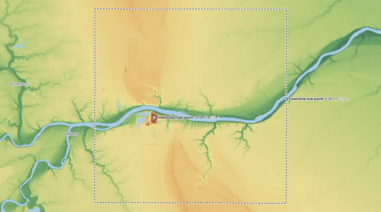Topographic elevation map of Richland Township, Defiance County, Ohio, shaded from 650 ft on the east side to 840 ft on the northeast side