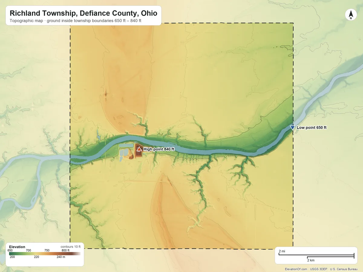 Topographic elevation map of Richland Township, Defiance County, Ohio, shaded from 650 ft on the east side to 840 ft on the northeast side
