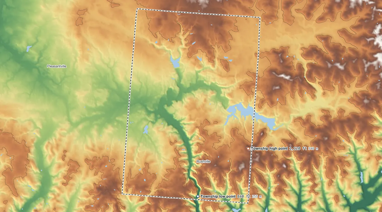 Topographic elevation map of Richland Township, Fairfield County, Ohio, shaded from 840 ft on the south side to 1,120 ft on the southeast side