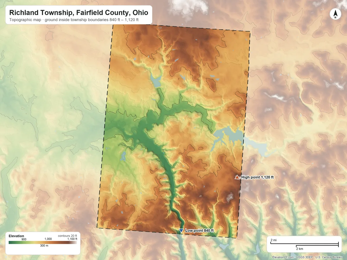 Topographic elevation map of Richland Township, Fairfield County, Ohio, shaded from 840 ft on the south side to 1,120 ft on the southeast side