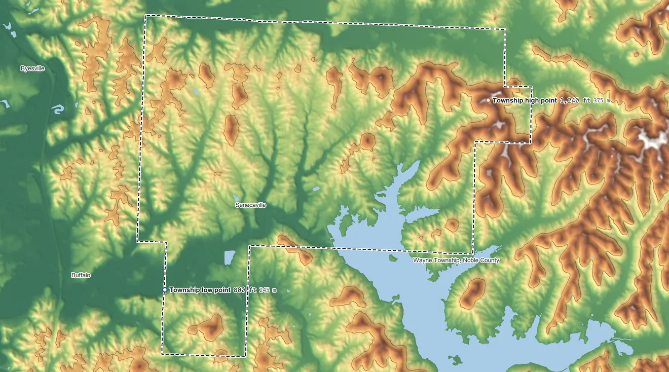 Topographic elevation map of Richland Township, Guernsey County, Ohio, shaded from 800 ft on the southwest side to 1,240 ft on the east side