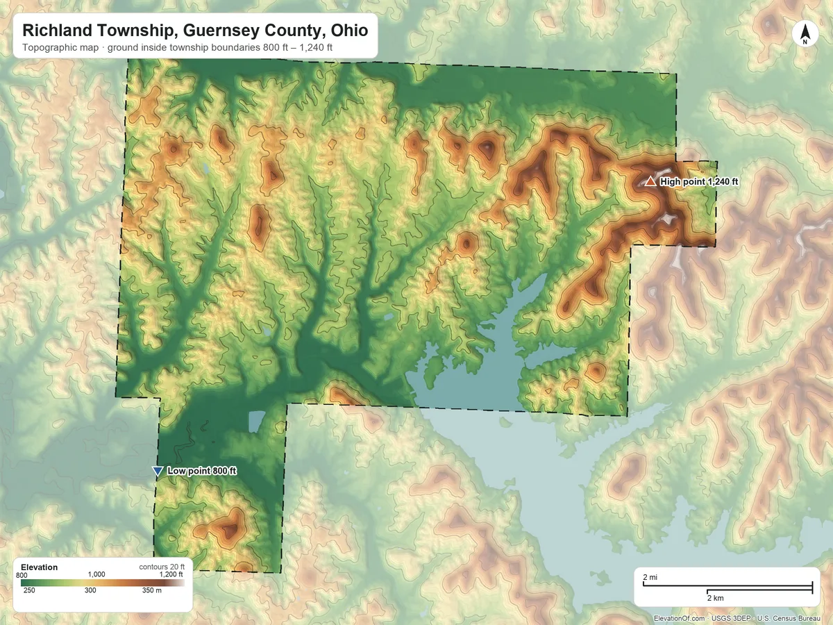 Topographic elevation map of Richland Township, Guernsey County, Ohio, shaded from 800 ft on the southwest side to 1,240 ft on the east side
