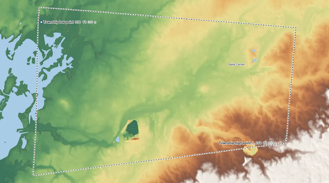 Topographic elevation map of Richland Township, Logan County, Ohio, shaded from 990 ft on the northwest side to 1,160 ft on the southeast side