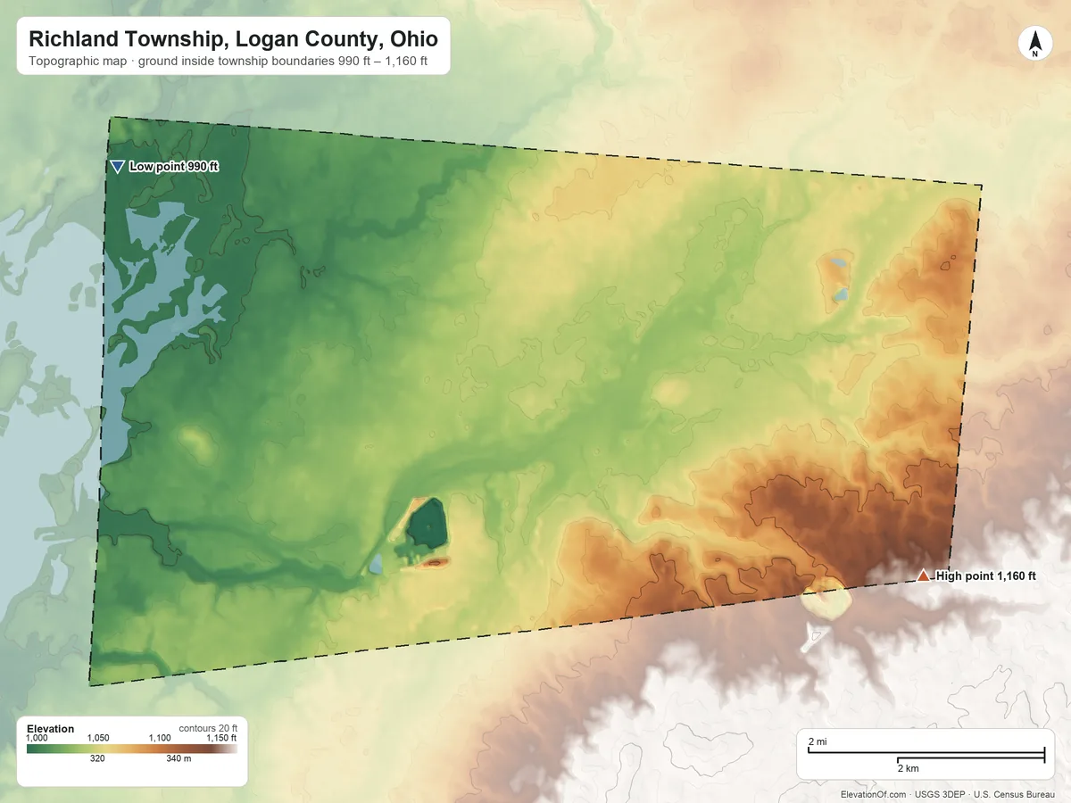Topographic elevation map of Richland Township, Logan County, Ohio, shaded from 990 ft on the northwest side to 1,160 ft on the southeast side