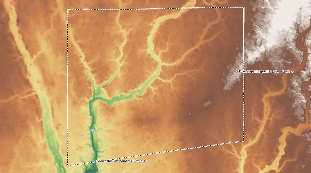 Topographic elevation map of Richland Township, Marion County, Ohio, shaded from 930 ft on the southwest side to 1,010 ft on the east side