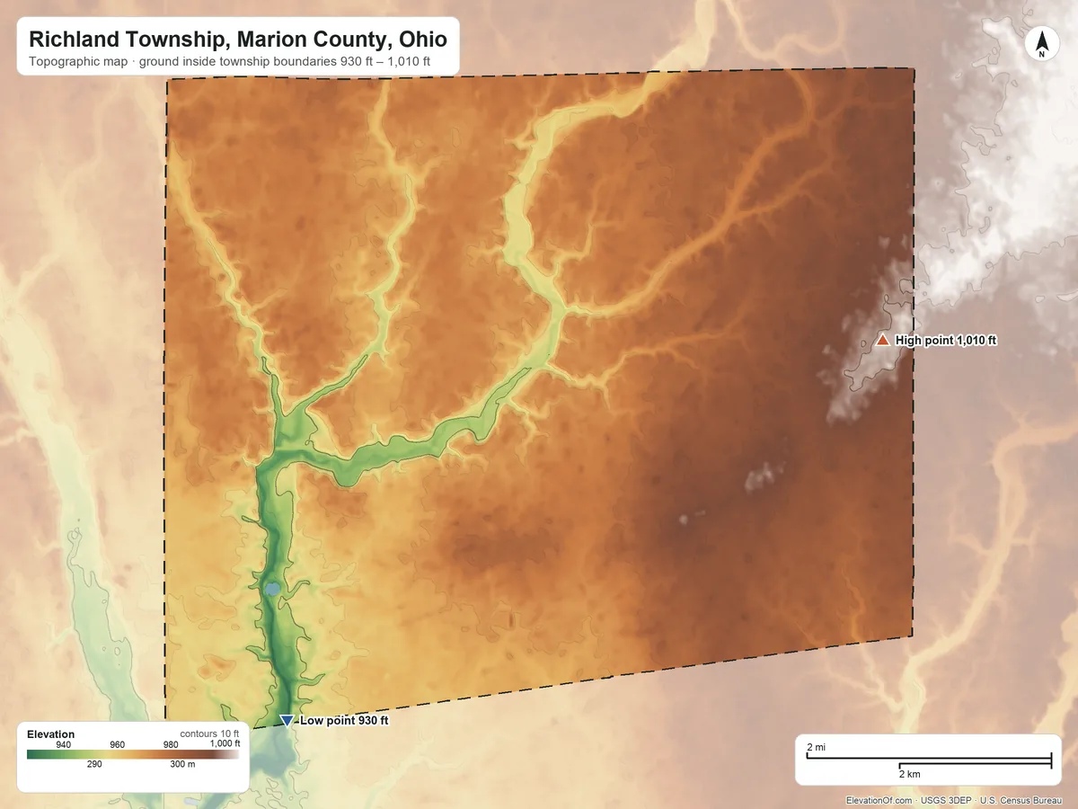 Topographic elevation map of Richland Township, Marion County, Ohio, shaded from 930 ft on the southwest side to 1,010 ft on the east side