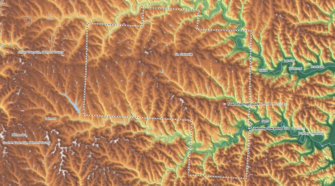Topographic elevation map of Richland Township, Ohio, shaded from 730 ft on the southeast side to 1,370 ft on the southeast side