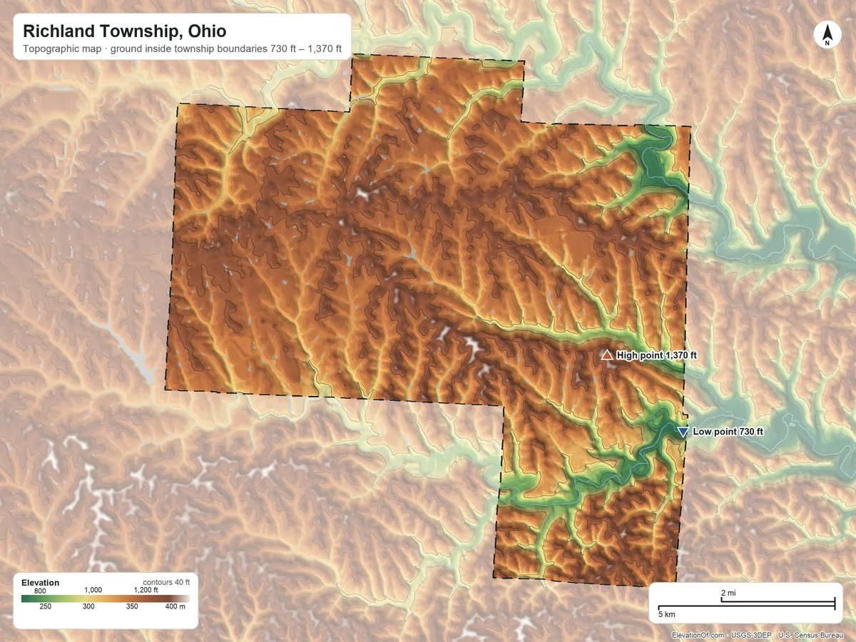 Topographic elevation map of Richland Township, Ohio, shaded from 730 ft on the southeast side to 1,370 ft on the southeast side