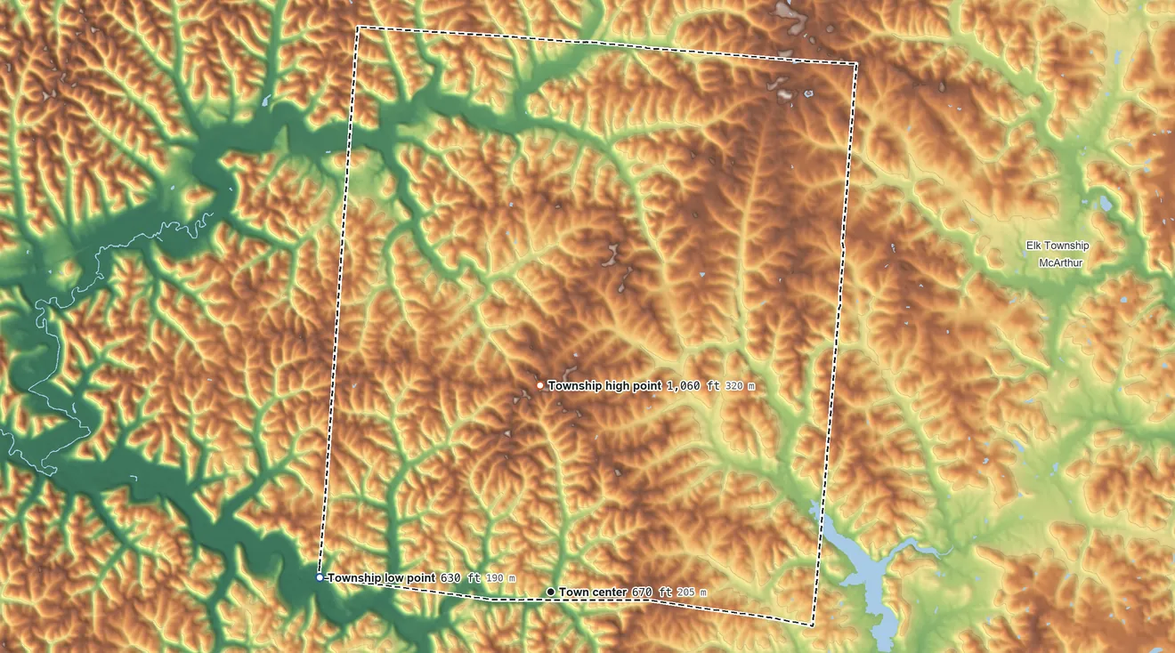 Topographic elevation map of Richland Township, Vinton County, Ohio, shaded from 630 ft on the west side to 1,060 ft on the north side