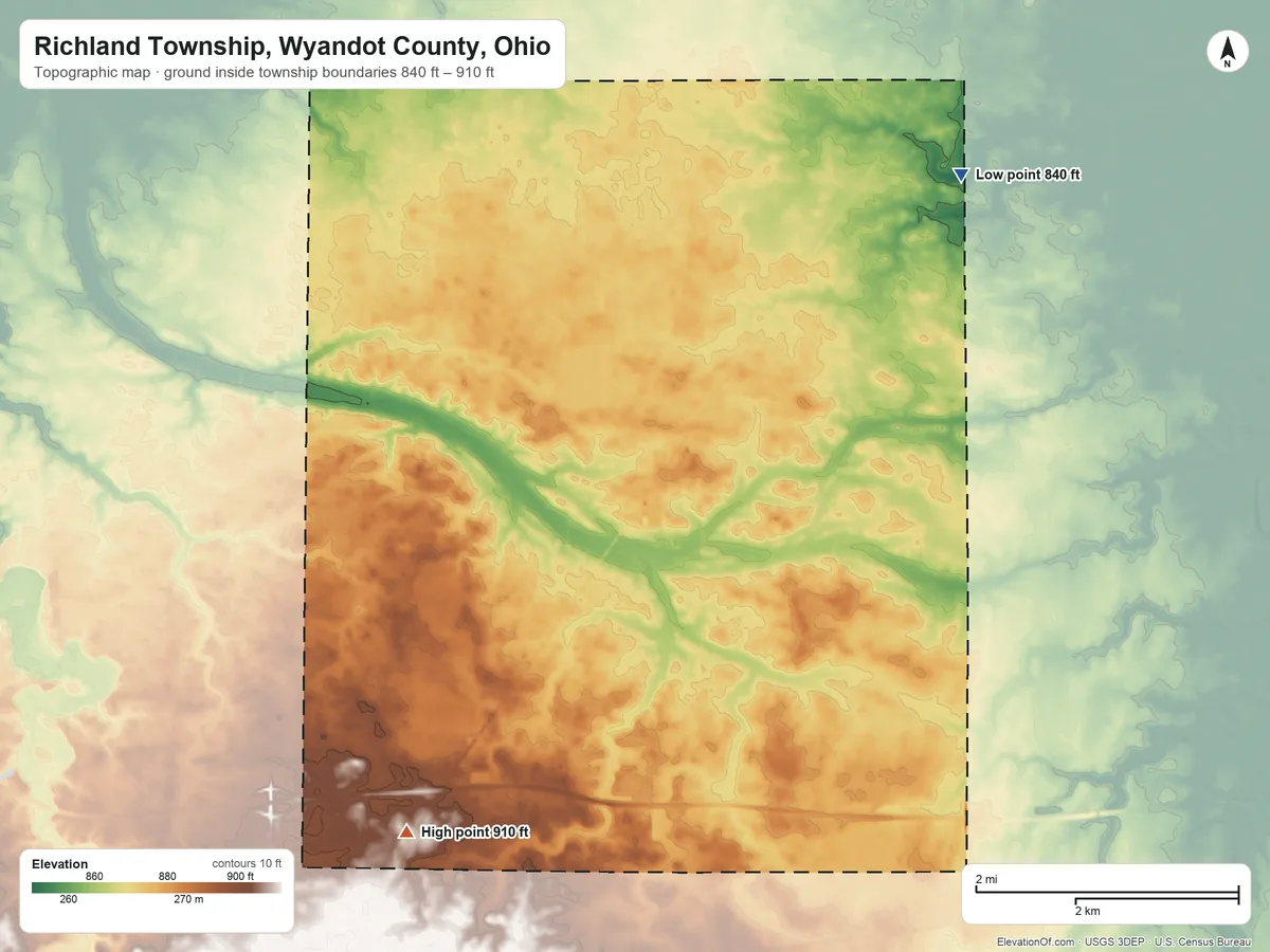 Topographic elevation map of Richland Township, Wyandot County, Ohio, shaded from 840 ft on the northeast side to 910 ft on the southwest side