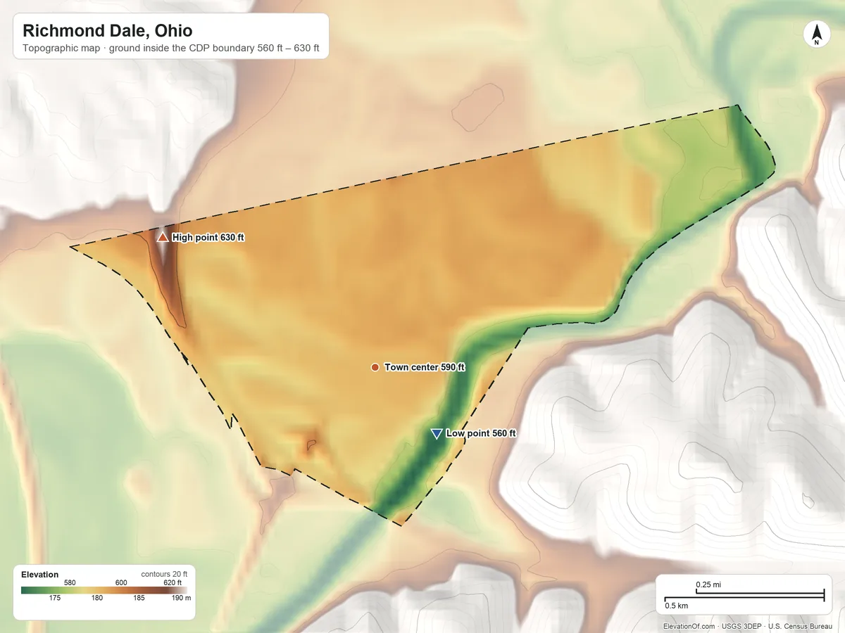 Topographic elevation map of Richmond Dale, Ohio, shaded from 560 ft on the southeast side to 630 ft on the northwest edge, below higher ground just outside