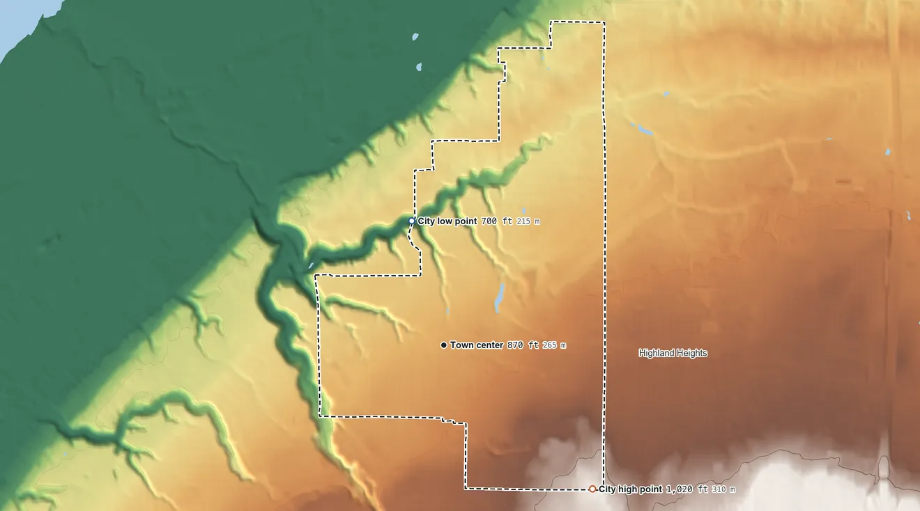 Topographic elevation map of Richmond Heights, Ohio, shaded from 700 ft on the north side to 1,020 ft on the southeast side