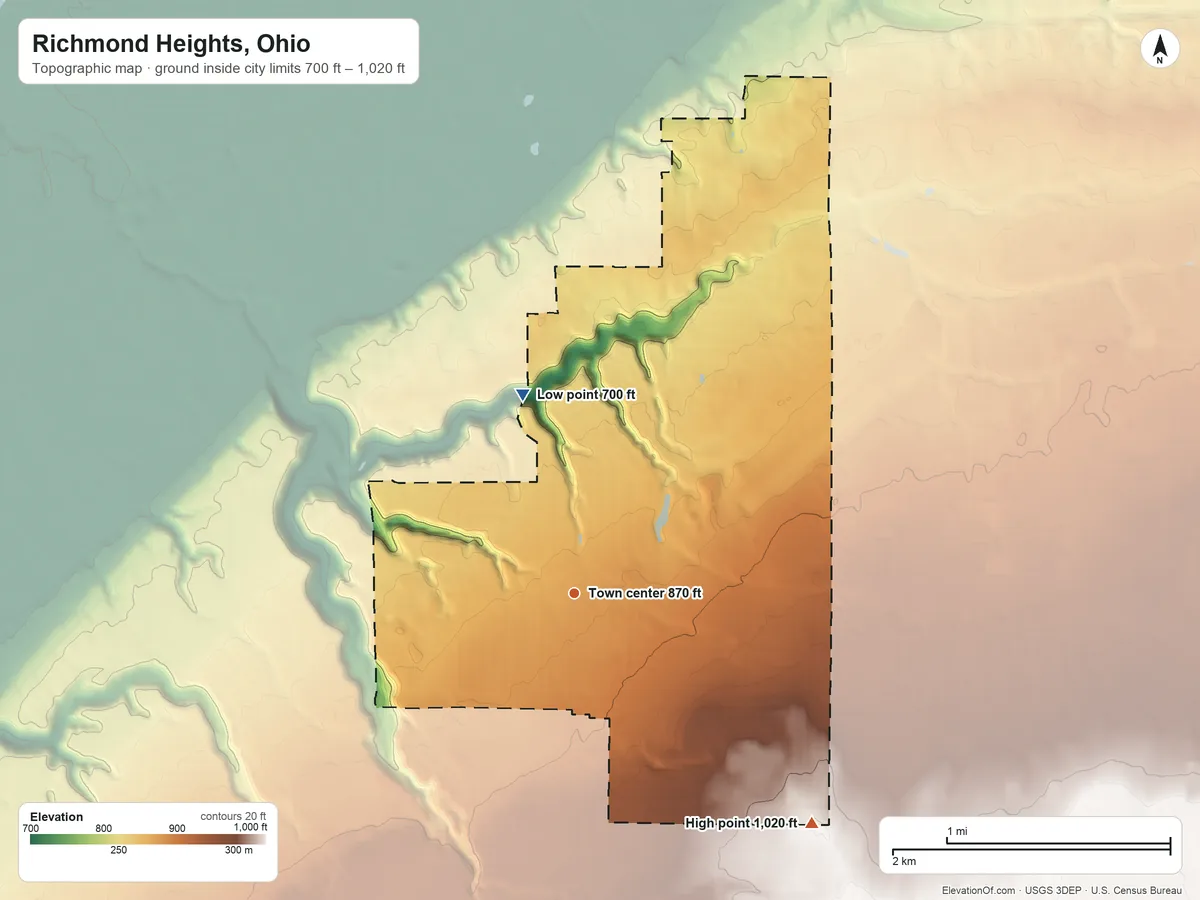 Topographic elevation map of Richmond Heights, Ohio, shaded from 700 ft on the north side to 1,020 ft on the southeast side