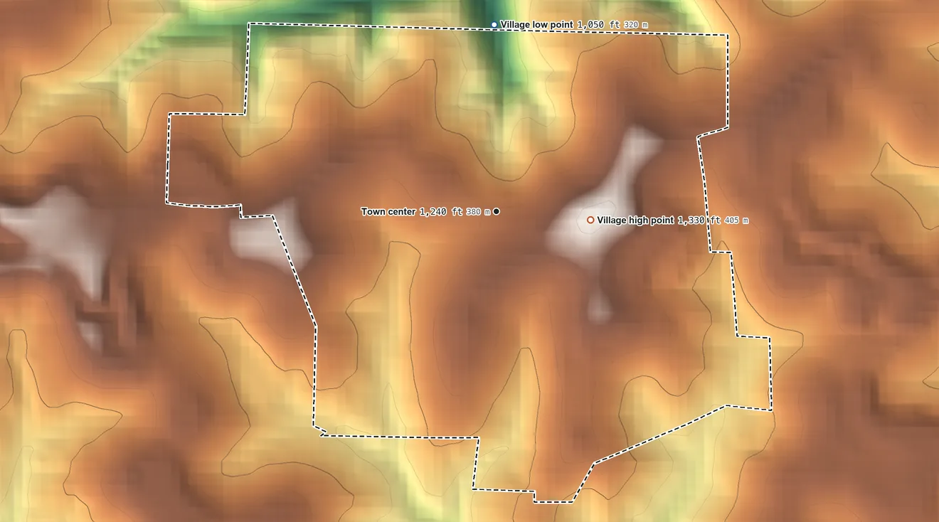 Topographic elevation map of Richmond, Ohio, shaded from 1,050 ft on the north side to 1,330 ft on the east side