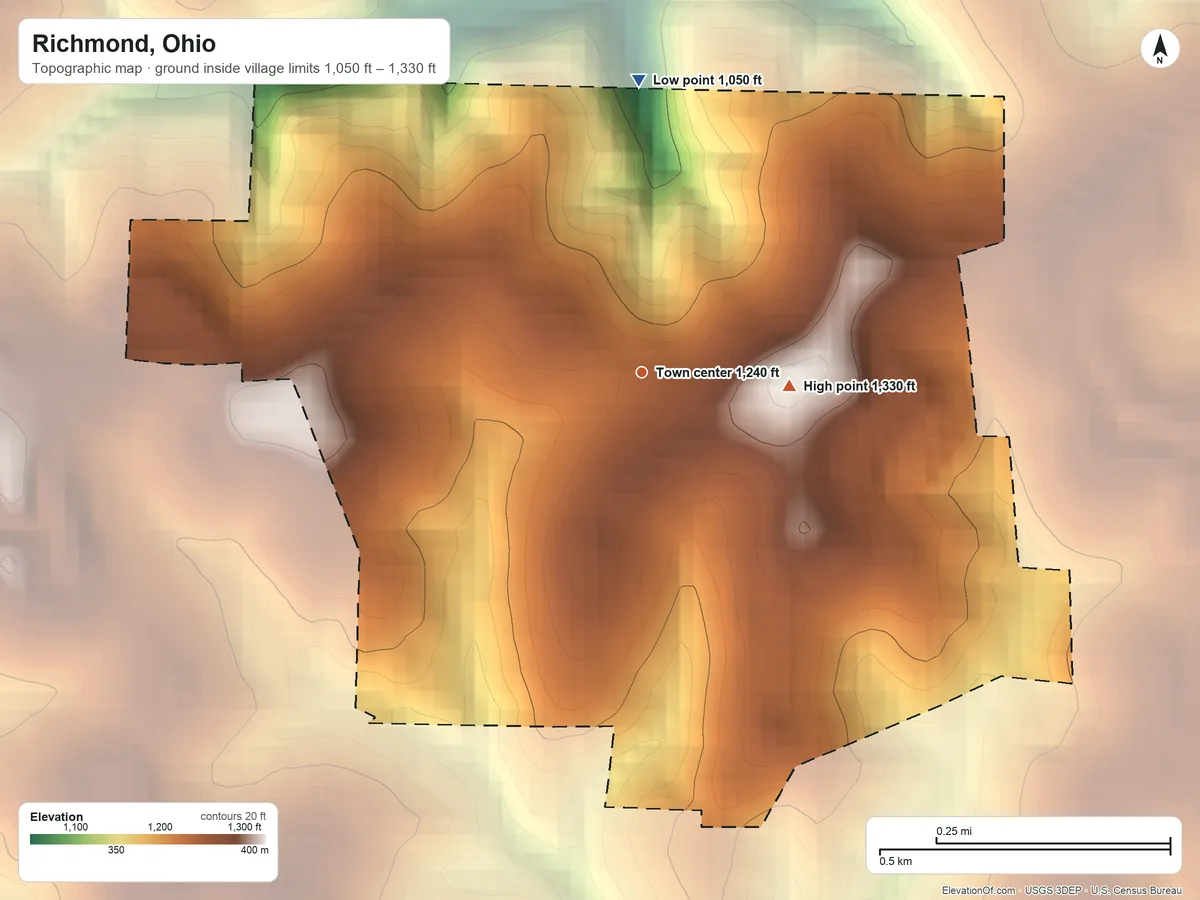 Topographic elevation map of Richmond, Ohio, shaded from 1,050 ft on the north side to 1,330 ft on the east side