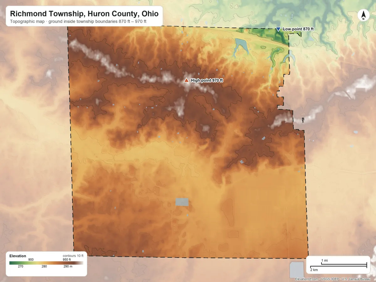 Topographic elevation map of Richmond Township, Huron County, Ohio, shaded from 870 ft on the northeast side to 970 ft near the middle