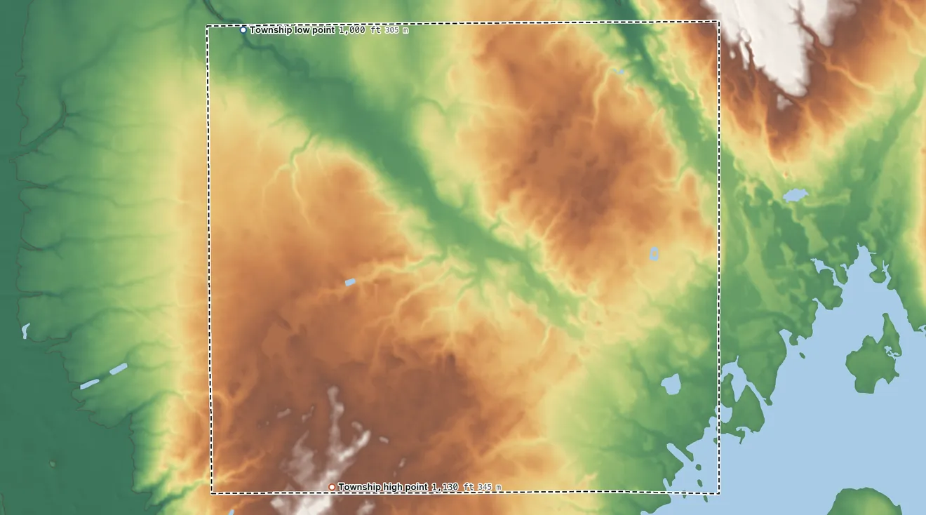 Topographic elevation map of Richmond Township, Ohio, shaded from 1,000 ft on the northwest side to 1,130 ft on the southwest side