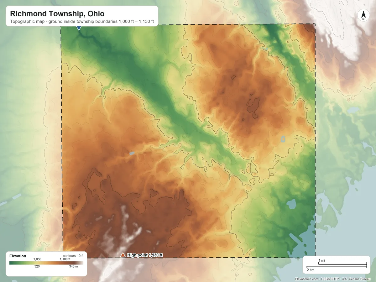 Topographic elevation map of Richmond Township, Ohio, shaded from 1,000 ft on the northwest side to 1,130 ft on the southwest side