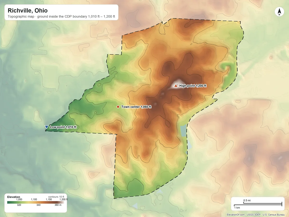 Topographic elevation map of Richville, Ohio, shaded from 1,010 ft on the west side to 1,200 ft on the east side