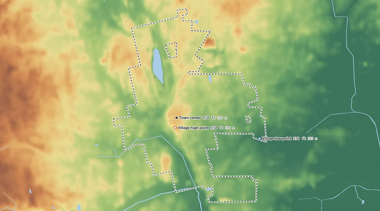 Topographic elevation map of Richwood, Ohio, shaded from 930 ft on the east side to 950 ft near the middle