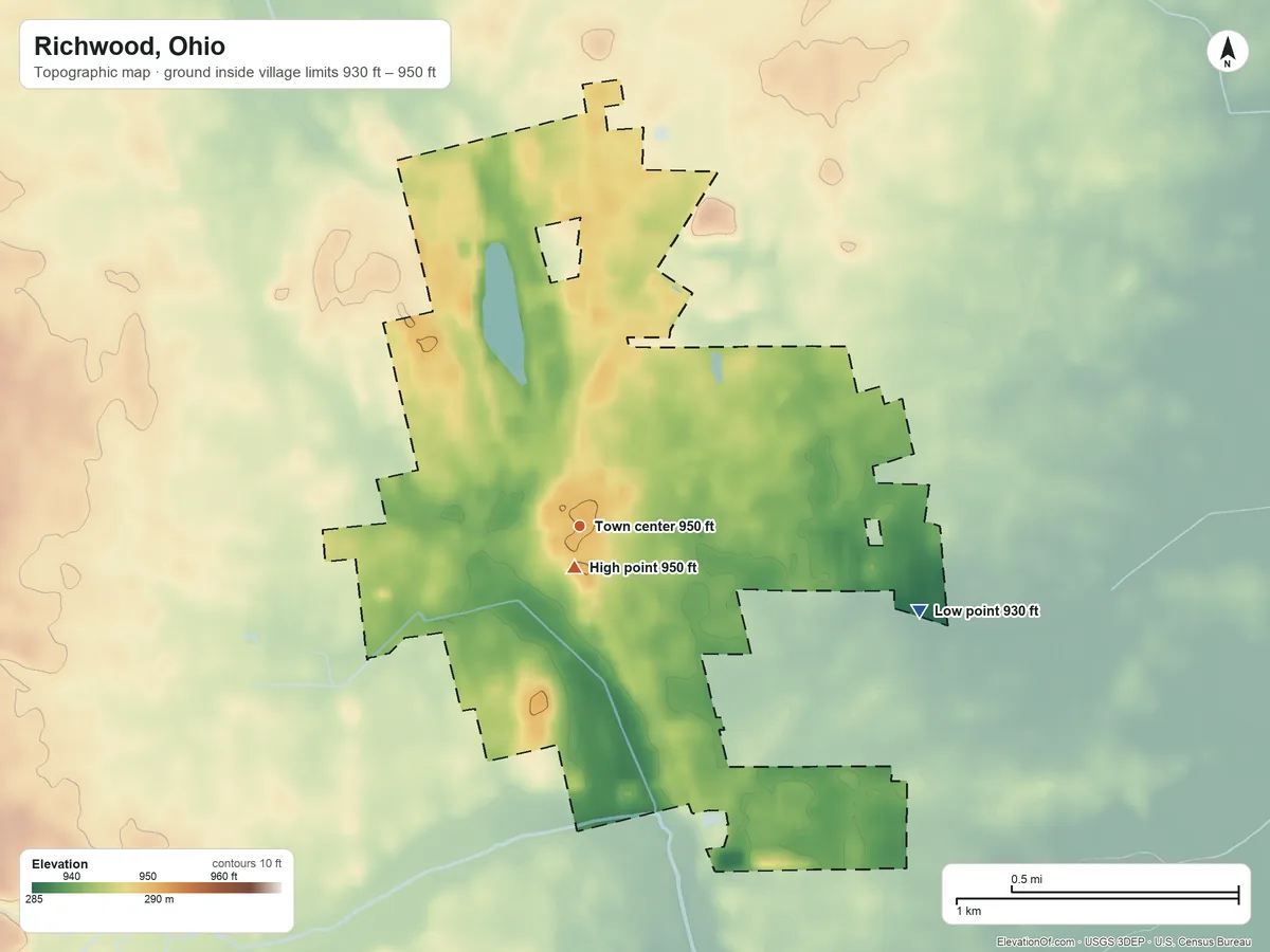 Topographic elevation map of Richwood, Ohio, shaded from 930 ft on the east side to 950 ft near the middle