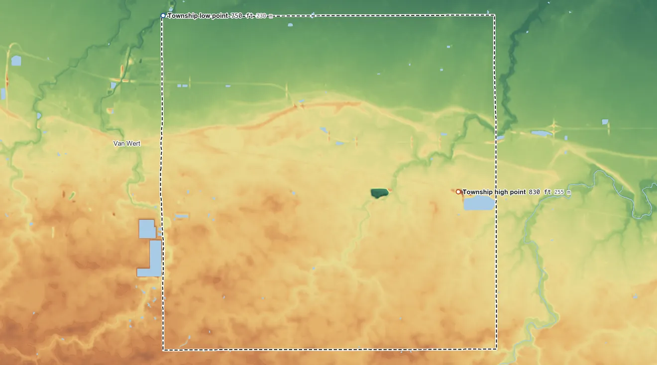 Topographic elevation map of Ridge Township, Ohio, shaded from 750 ft on the north side to 830 ft on the east side