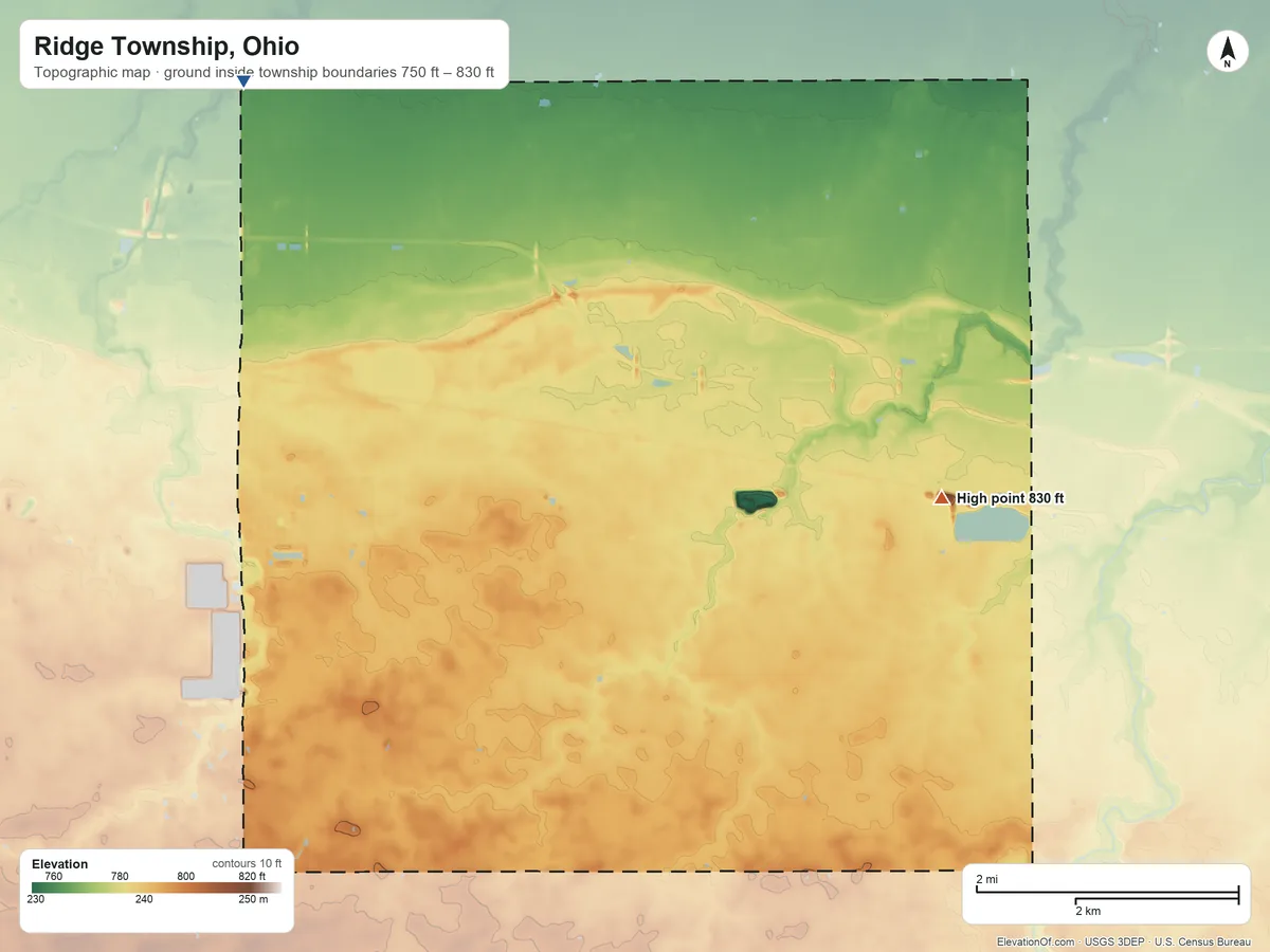Topographic elevation map of Ridge Township, Ohio, shaded from 750 ft on the north side to 830 ft on the east side