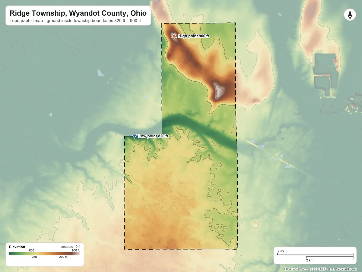 Topographic elevation map of Ridge Township, Wyandot County, Ohio, shaded from 820 ft on the west side to 900 ft on the north side